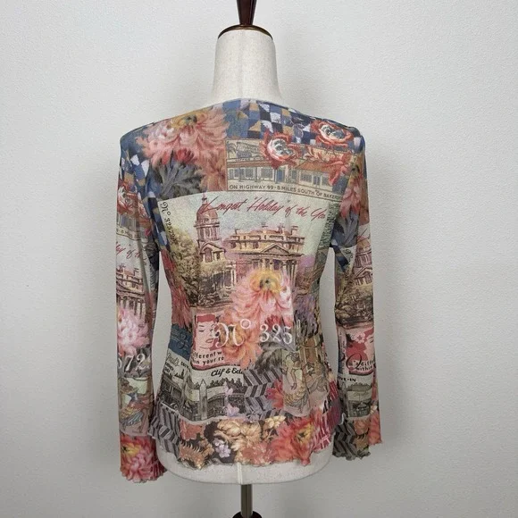 Y2K Vibrant Hawaiian Print Top Womens Medium* Hula Girl Lettuce Hem Dainty Fairy - Picture 9 of 12